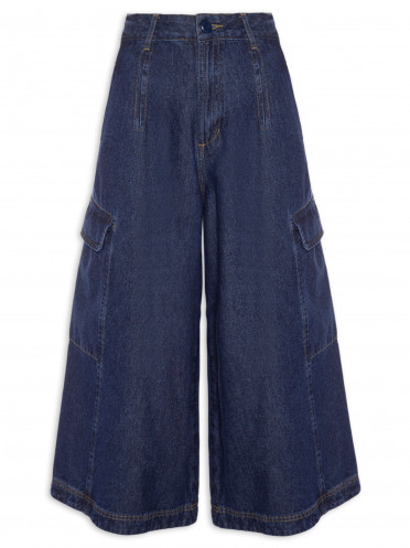 Calça Feminina Jeans Wide Cropped Recortes Laterais - Azul