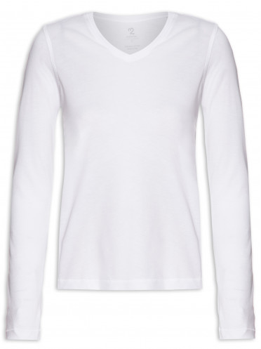 T-shirt Feminina Pima Manga Longa Decote V - Branco