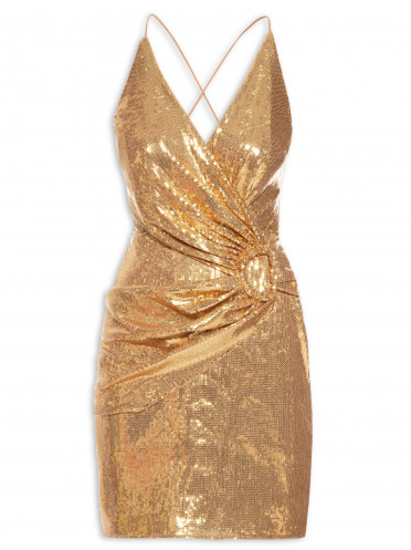 Vestido Mini Com Drapeados E Fivelas - Dourado